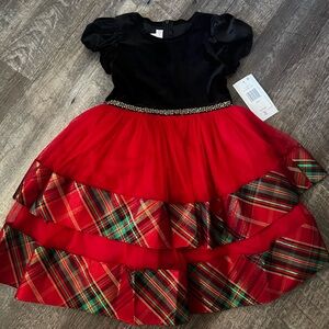 Bonnie Jean Short Sleeve Velvet to Tiered Plaid Dress-Size 6